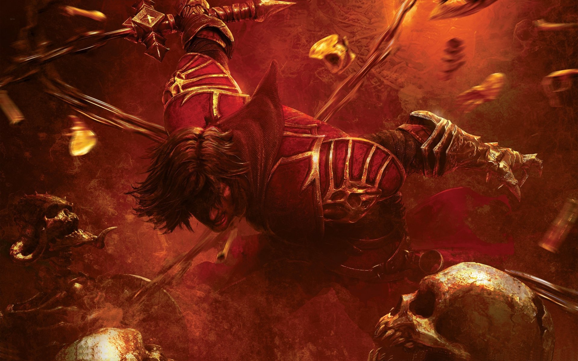 A dynamic fantasy warrior battles through a dark, chaotic scene filled with skulls and debris, creating an intense atmosphere in this HD PC desktop wallpaper and background.