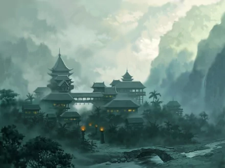 A misty, fantasy-inspired landscape features an intricate Chinese castle surrounded by lush greenery and mountains, creating an artistic and immersive HD wallpaper.