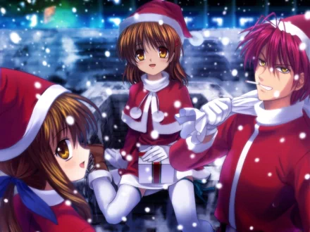 Christmas-themed Clannad anime characters dressed in Santa outfits, set against a snowy, festive background in this HD PC desktop wallpaper.