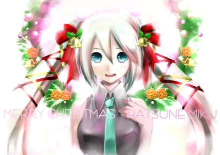 HD PC desktop wallpaper of Hatsune Miku (anime/Vocaloid): smiling teal-haired idol with twin tails, red ribbons and holly, wearing a teal tie amid glowing festive lights.