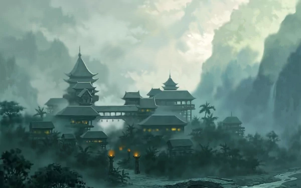 A misty, fantasy-inspired landscape features an intricate Chinese castle surrounded by lush greenery and mountains, creating an artistic and immersive HD wallpaper.