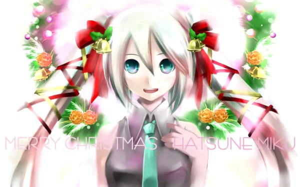 HD PC desktop wallpaper of Hatsune Miku (anime/Vocaloid): smiling teal-haired idol with twin tails, red ribbons and holly, wearing a teal tie amid glowing festive lights.