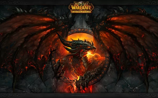 HD desktop wallpaper featuring the fiery dragon Deathwing from the video game World of Warcraft: Cataclysm, set against a dark, volcanic backdrop.