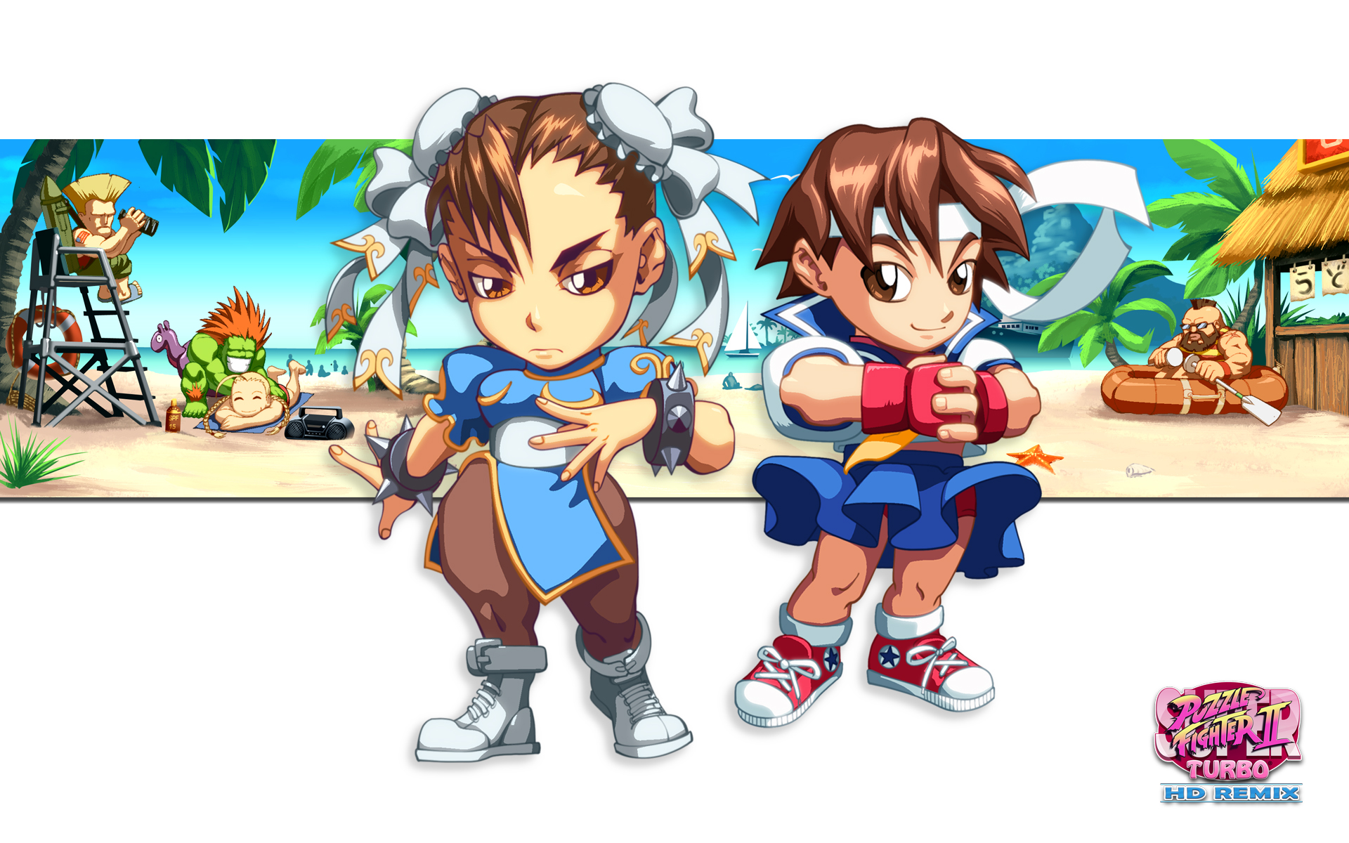 Chun-Li and Sakura Kasugano from Street Fighter on a colorful desktop wallpaper.