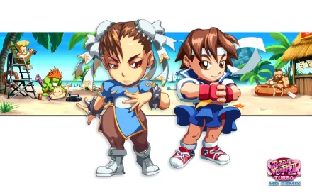 Sakura Kasugano and Chun-Li from Street Fighter are depicted in a colorful, playful style against a tropical background, showcasing their iconic designs in this HD desktop wallpaper.