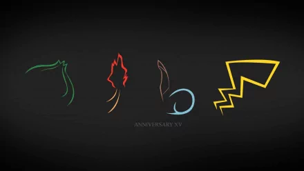 HD desktop wallpaper featuring minimalist line art of starter Pokémon Bulbasaur, Charmander, Squirtle, and Pikachu on a black background. Text reads ANNIVERSARY XV near the bottom center.