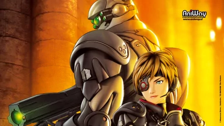 HD PC desktop wallpaper featuring anime characters from Appleseed, showcasing a futuristic armored figure alongside a young cyborg with a confident expression.