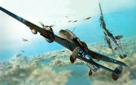 HD PC desktop wallpaper showing a dynamic aerial scene of military aircraft engaged in flight, with detailed WWII-era fighter planes against a bright sky.
