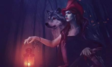 A dark witch, adorned with a striking red hat and accompanied by a wolf, holds a lantern, casting an eerie glow in a misty forest. An enchanting HD wallpaper for a mystical atmosphere.