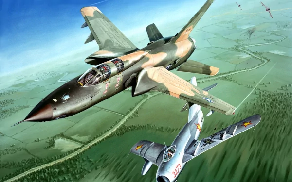 HD desktop wallpaper depicting a dramatic aerial scene featuring a Republic F-105 Thunderchief and a Mikoyan Gurevich MiG-17 in flight over a green landscape.