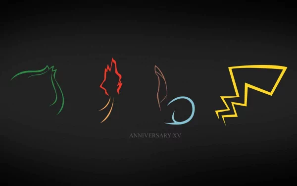 HD desktop wallpaper featuring minimalist line art of starter Pokémon Bulbasaur, Charmander, Squirtle, and Pikachu on a black background. Text reads ANNIVERSARY XV near the bottom center.