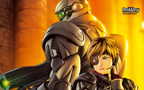 HD PC desktop wallpaper featuring anime characters from Appleseed, showcasing a futuristic armored figure alongside a young cyborg with a confident expression.