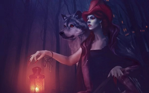 A dark witch, adorned with a striking red hat and accompanied by a wolf, holds a lantern, casting an eerie glow in a misty forest. An enchanting HD wallpaper for a mystical atmosphere.