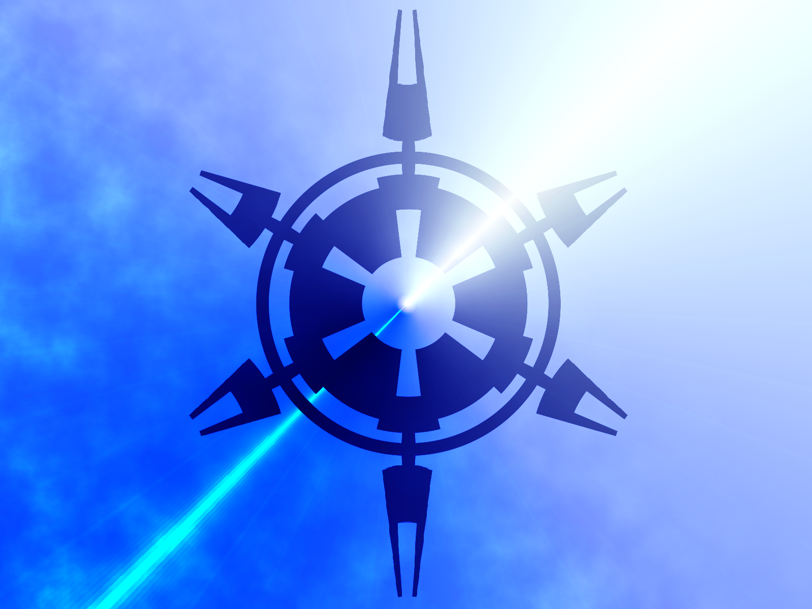 CGI HD desktop wallpaper featuring a blue Sci-Fi laser beam cutting through a Star Wars-inspired emblem against a glowing sky background.