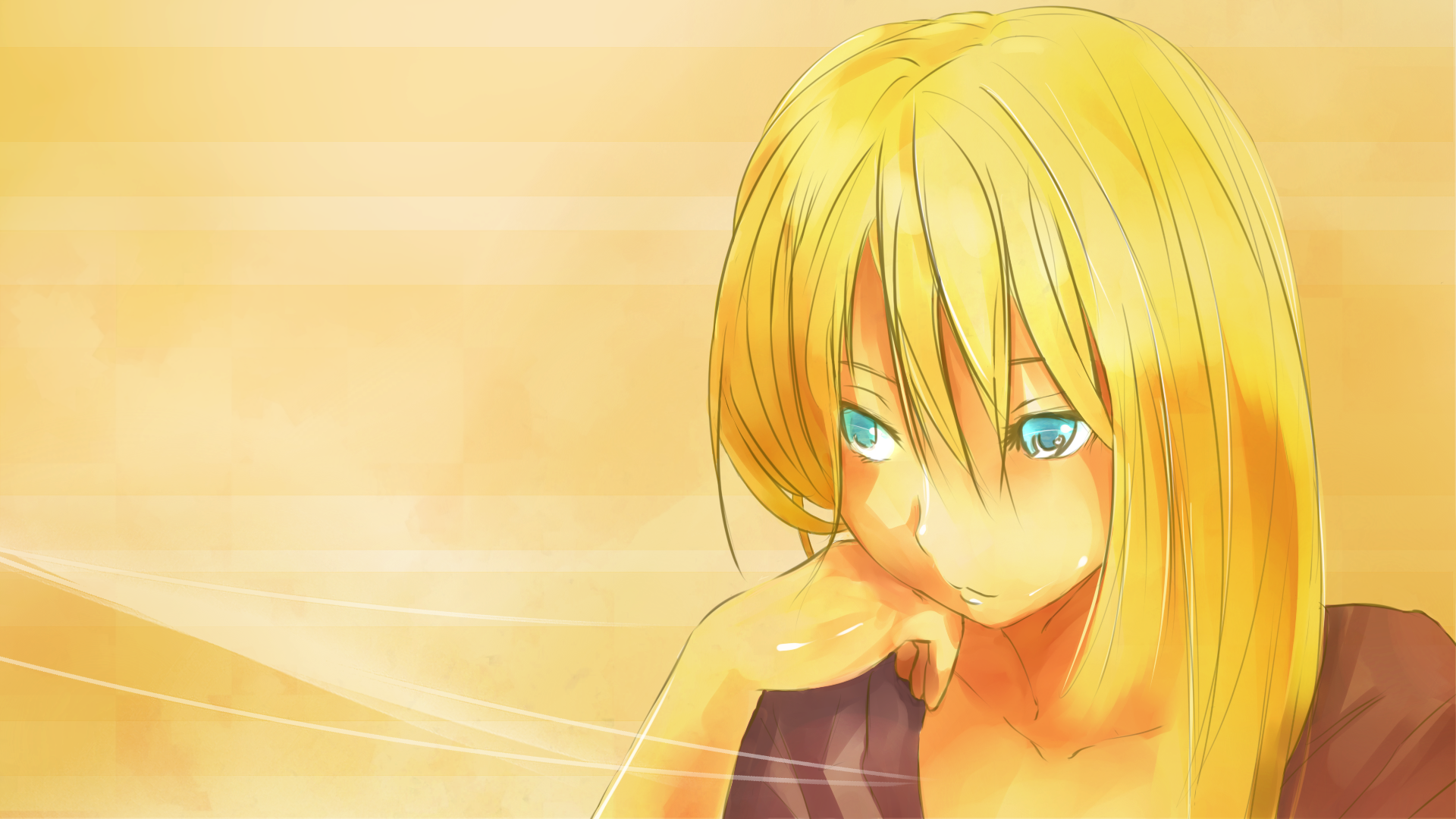 Cute anime woman with long blonde hair and blue eyes, resting her chin on her hand against a warm golden HD PC desktop wallpaper background.