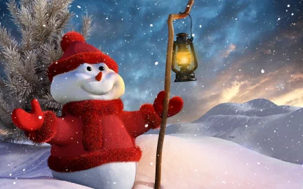 A cheerful snowman in a cozy red sweater stands in a snowy landscape, holding a lantern under a serene sky, creating a whimsical and artistic winter scene for a HD desktop background.