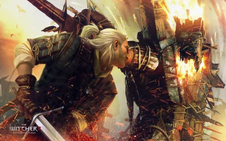 HD PC desktop wallpaper from the video game The Witcher 2: Assassins of Kings, featuring Geralt of Rivia engaged in intense battle with a fiery armored foe.