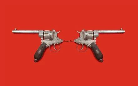 HD desktop wallpaper featuring two symmetrical man-made revolvers against a solid red background.