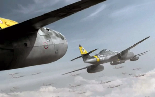 HD PC desktop wallpaper featuring fighter planes from the movie Red Tails soaring through a cloudy sky in formation.