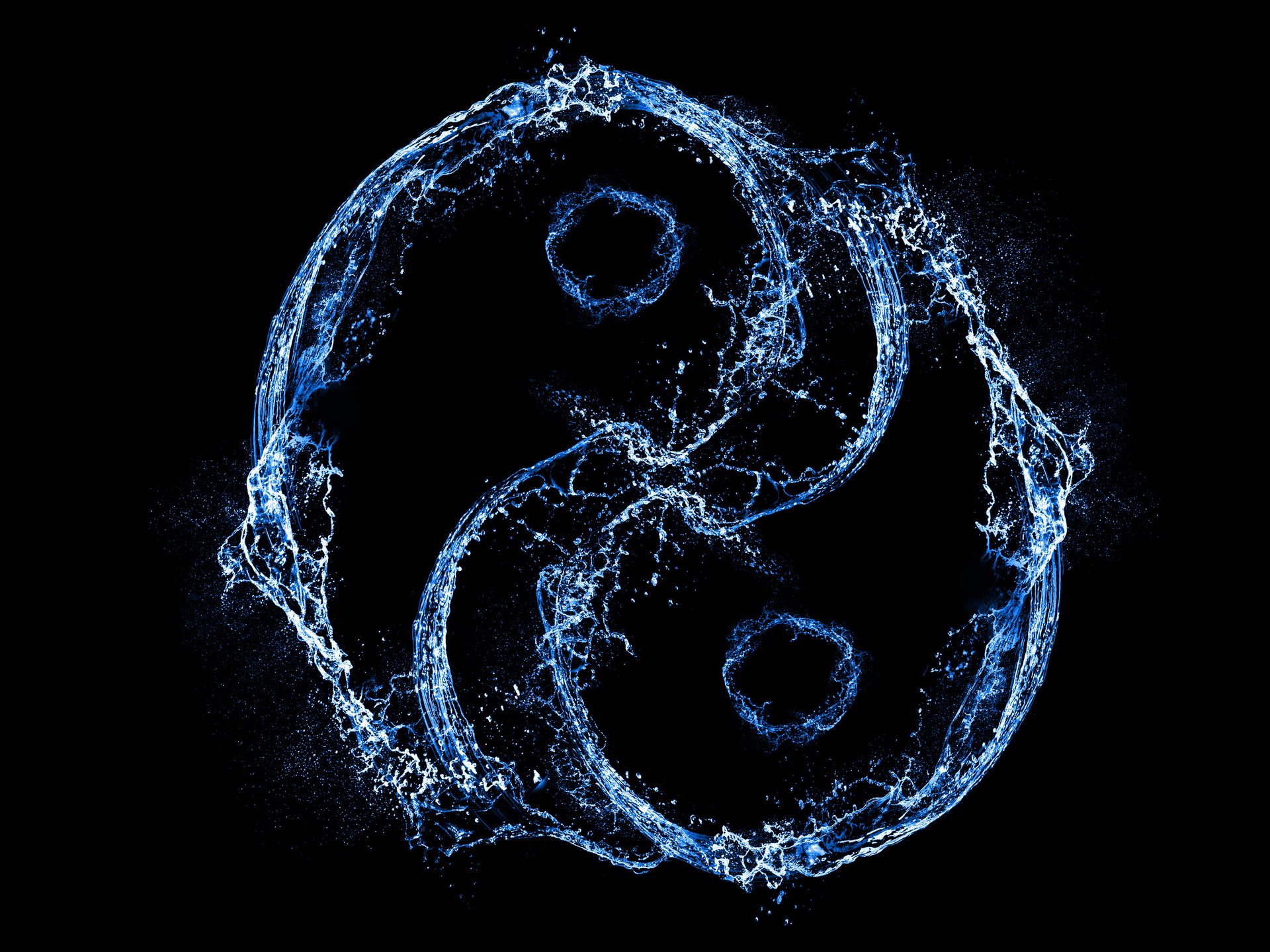 HD desktop wallpaper featuring a water-themed Yin and Yang symbol against a black background, highlighting balance and harmony in a visually striking, religious-inspired design.