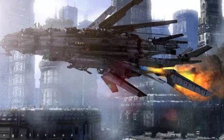 HD PC desktop wallpaper of a sci-fi spaceship with thrusters blazing, flying over a futuristic cityscape with tall, industrial buildings in the background.