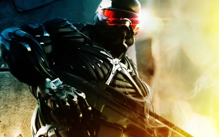 HD PC desktop wallpaper featuring a soldier in futuristic armor from the video game Crysis 2, illuminated by dramatic lighting and intense action vibes.