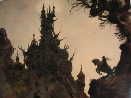 A dramatic HD wallpaper featuring the shadowy silhouette of a castle and a figure on horseback, inspired by the anime Vampire Hunter D, set against a moody background.