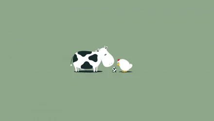 HD desktop wallpaper of a dairy cow and a chicken with an egg on a green background, depicting farm animals.