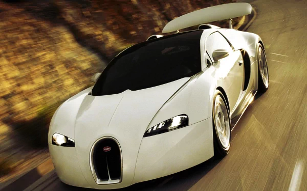 HD PC desktop wallpaper featuring a sleek white Bugatti Veyron speeding along a curved road, showcasing the luxury vehicle's aerodynamic design.