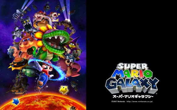 A vibrant HD desktop wallpaper featuring characters from the video game Super Mario Galaxy, set against a cosmic backdrop with colorful visuals and dynamic action.