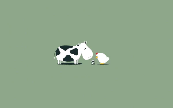 HD desktop wallpaper of a dairy cow and a chicken with an egg on a green background, depicting farm animals.