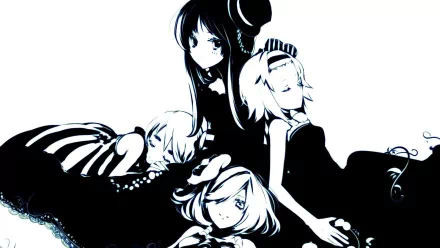 A monochrome HD wallpaper featuring characters from the anime K-ON!, showcasing four girls in elegant dresses in an artistic, stylized composition.