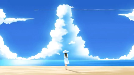 Anime HD PC desktop wallpaper/background: Someday's Dreamers — a girl in a white dress and hat stands on a sunlit beach under a towering cloud against a vivid blue sky.
