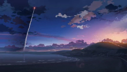 HD PC desktop wallpaper from the anime 5 Centimeters per Second featuring a serene twilight sky with clouds and a glowing rocket streaking upward over a coastal landscape.