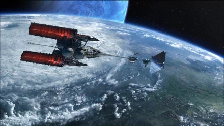 A stunning HD PC desktop wallpaper featuring a spaceship orbiting a vibrant planet, inspired by the movie Avatar, with dramatic red and metallic details against a celestial backdrop.