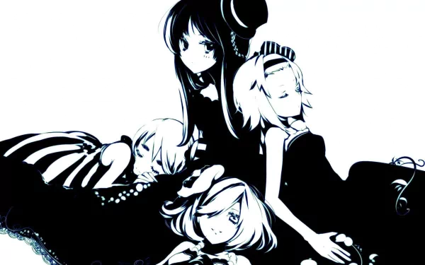 A monochrome HD wallpaper featuring characters from the anime K-ON!, showcasing four girls in elegant dresses in an artistic, stylized composition.