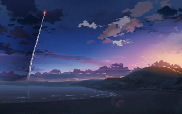 HD PC desktop wallpaper from the anime 5 Centimeters per Second featuring a serene twilight sky with clouds and a glowing rocket streaking upward over a coastal landscape.