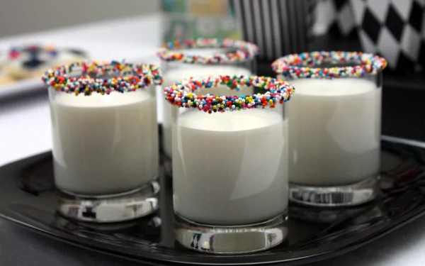 HD desktop wallpaper of four glasses filled with milk, each glass rimmed with colorful sprinkles, set on a sleek black tray.
