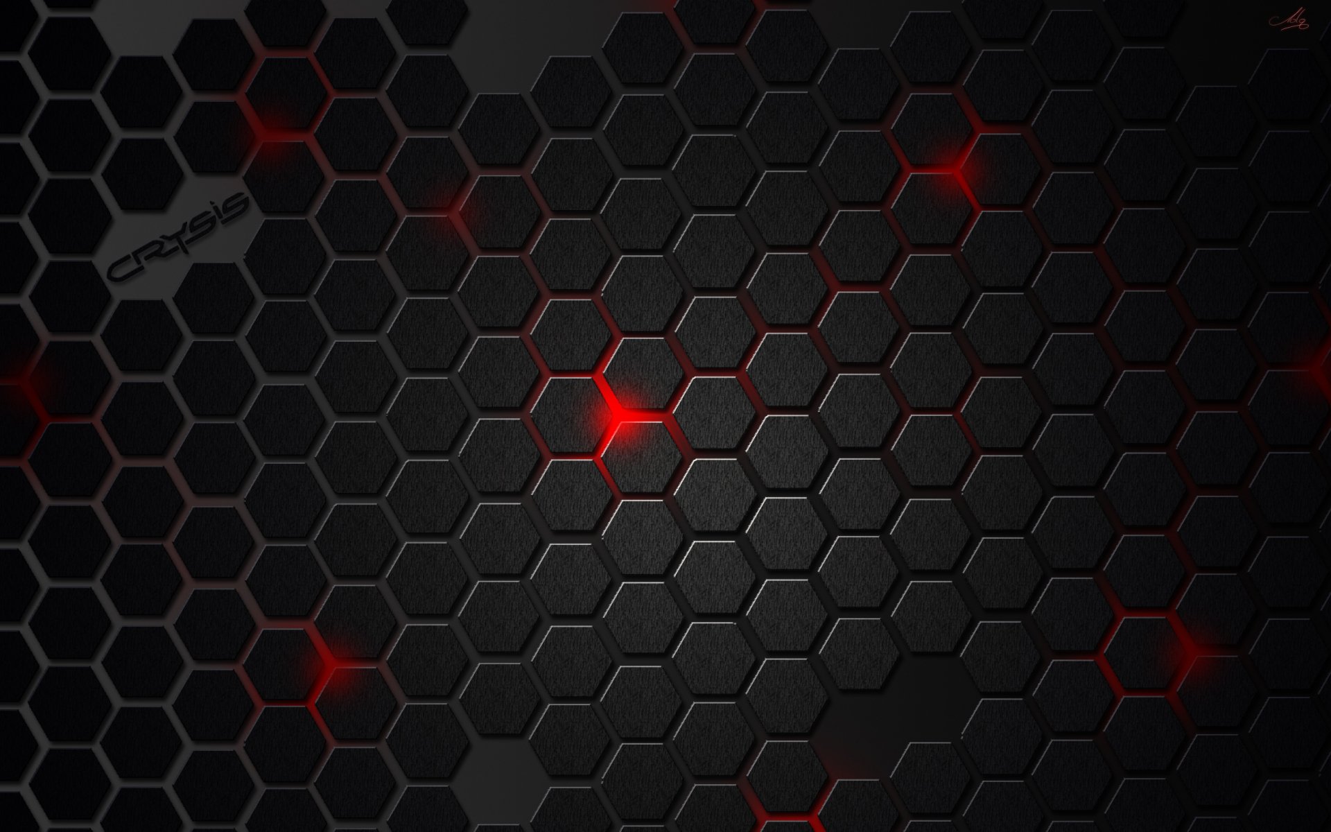 HD desktop wallpaper featuring a dark abstract hexagonal pattern with subtle red highlights interspersed.