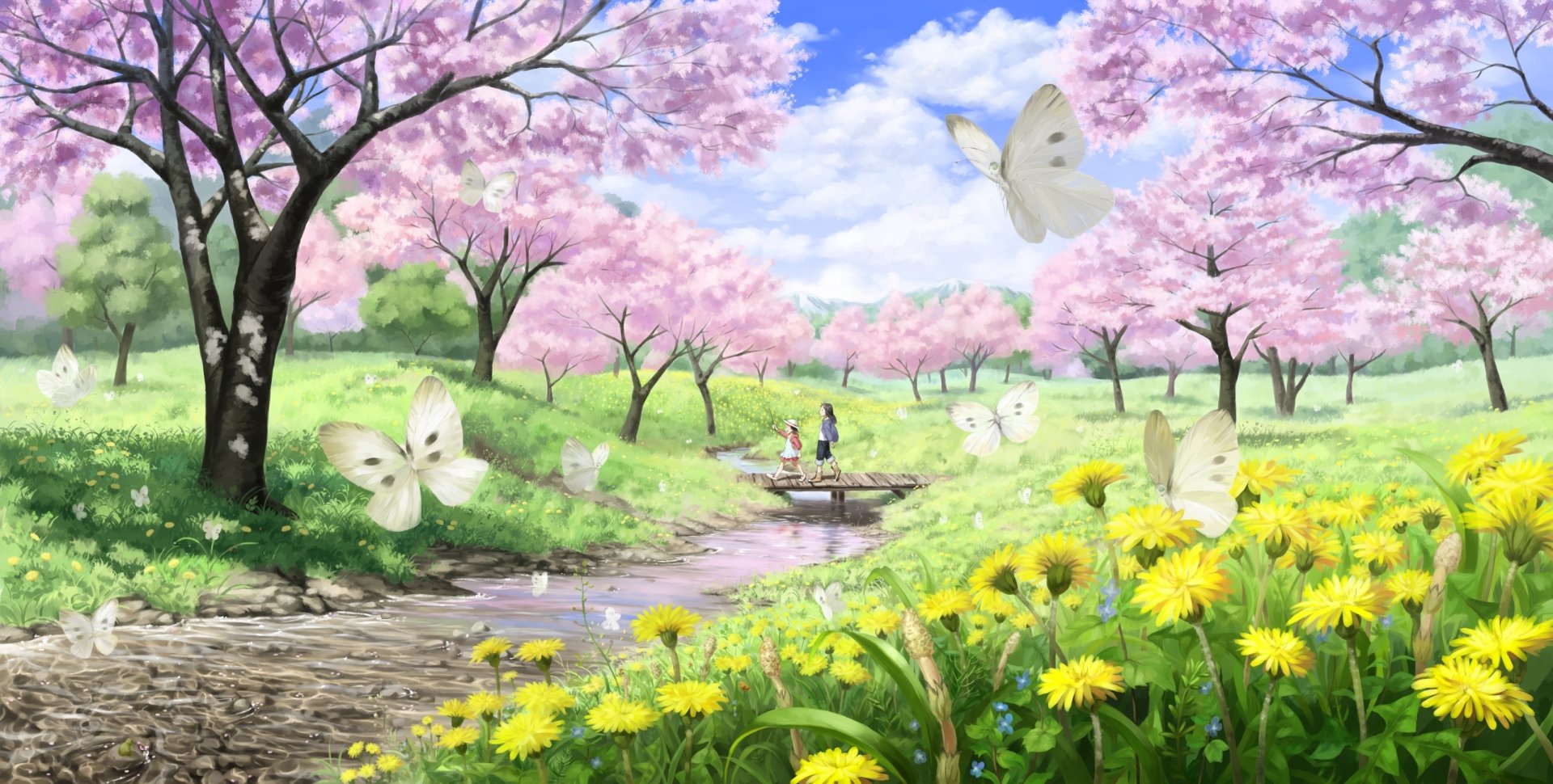 A serene anime scene featuring a vibrant landscape with cherry blossom trees, butterflies, and a playful stream, making it an enchanting HD PC desktop wallpaper and background.