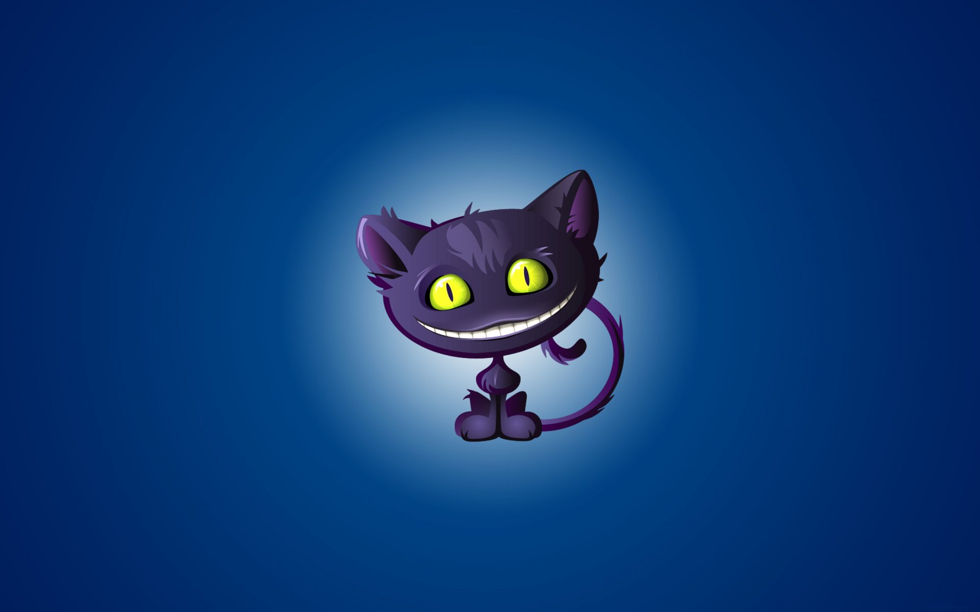 Artistic animal: a stylized purple cat with glowing yellow eyes centered on a blue radial background — 2K Quad HD PC desktop wallpaper and background.