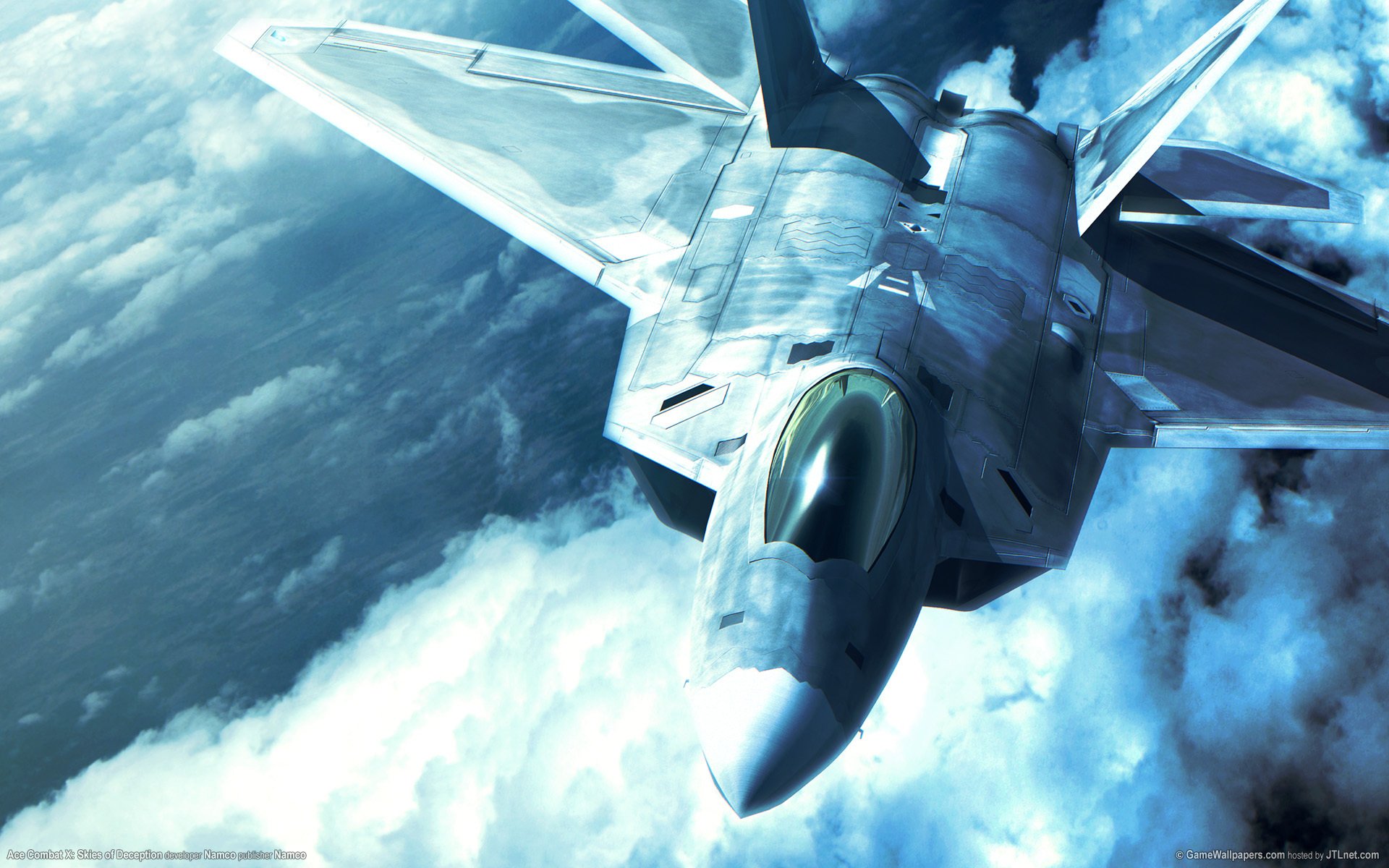 HD PC desktop wallpaper featuring a detailed fighter jet soaring above clouds, inspired by the video game Ace Combat.