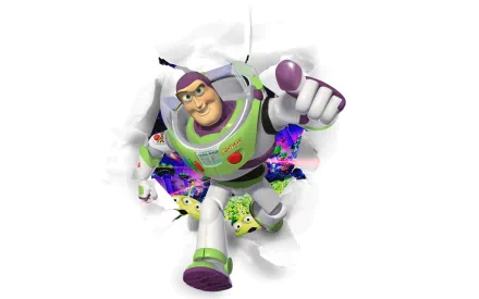 Buzz Lightyear from Toy Story breaks through a colorful background, showcasing his adventurous spirit in this vibrant HD desktop wallpaper.