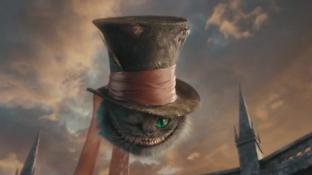 HD desktop wallpaper from the movie Alice in Wonderland (2010) featuring the Cheshire Cat with a large hat against a moody sky background.