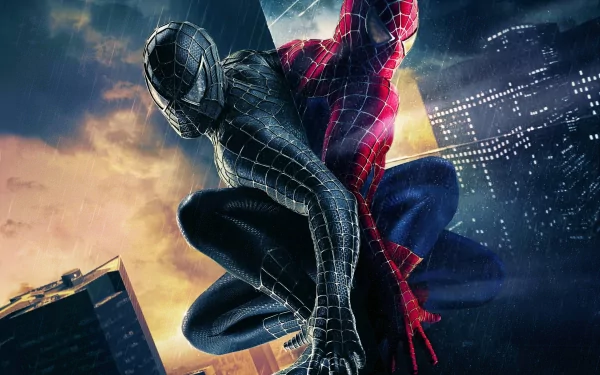 HD wallpaper featuring Peter Parker as Spider-Man in red and black suits from the movie 'Spider-Man 3,' set against a dramatic cityscape background.