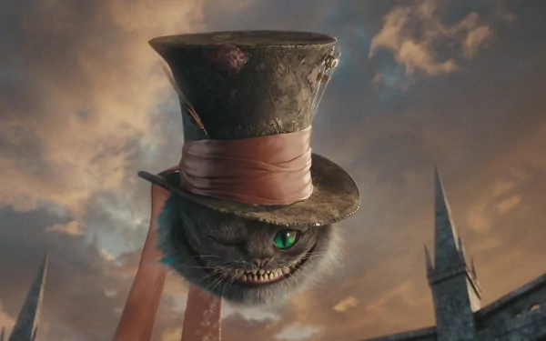 HD desktop wallpaper from the movie Alice in Wonderland (2010) featuring the Cheshire Cat with a large hat against a moody sky background.
