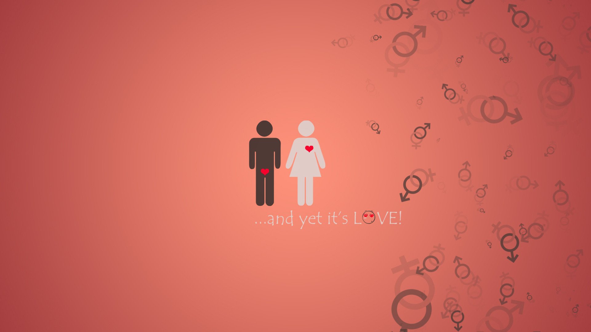 An artistic HD wallpaper depicting a black silhouette of a male and a white silhouette of a female, with a playful nod to love amidst a backdrop of gender symbols.