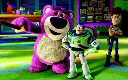 Woody, Buzz Lightyear, and Lots-o-Huggin Bear from Toy Story 3 pose together in a colorful classroom setting, showcasing beloved characters from the iconic movie series.