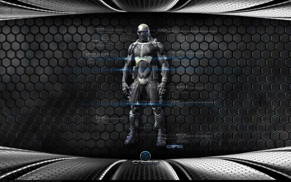 HD PC desktop wallpaper featuring a futuristic soldier from the video game Crysis, set against a hexagonal patterned dark background.