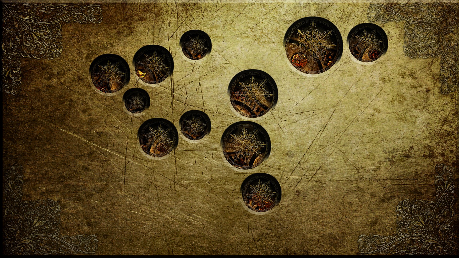 Abstract metal HD PC desktop wallpaper: grungy bronze surface with circular cutouts revealing rusted, star-like corroded patterns.
